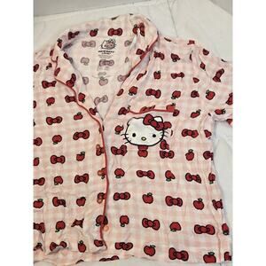 Hello Kitty Sz L Sleepwear Shirt Buttons Pocket Rayon Bows Apples Pajama Confort